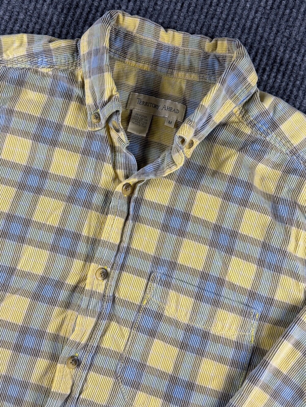 The Territory Ahead Button Down Men M Corduroy Long Sleeve Yellow Blue Plaid